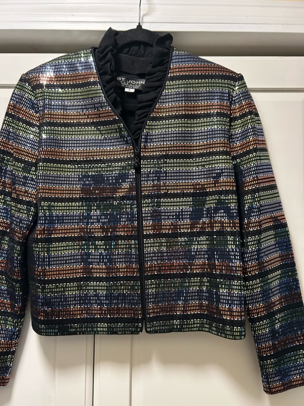 St. John Evening Black Ruffled Knit Jacket